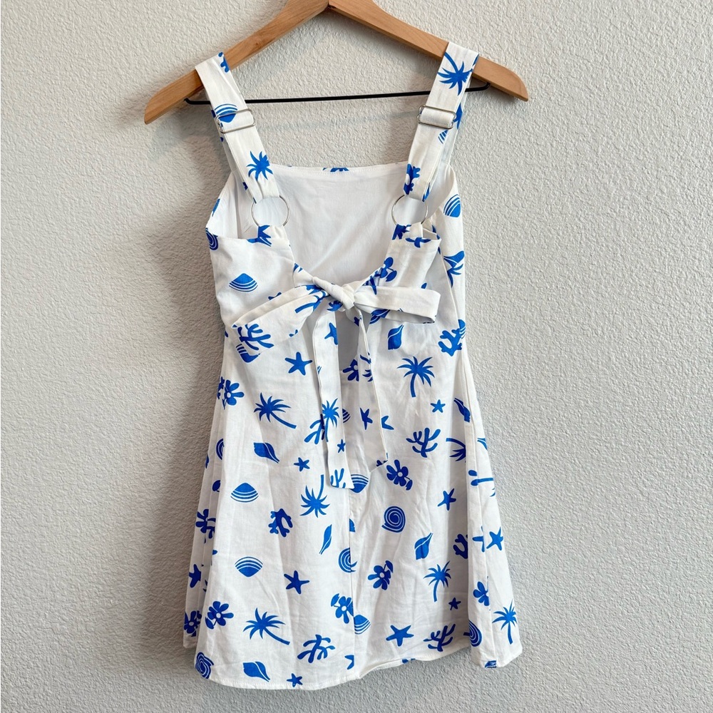 Lulus Beachcomber Babe White And Blue Shell Print Linen Mini Dress - Size XS - Picture 3 of 5